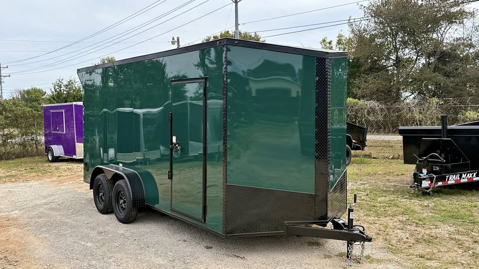 2027 New 7x16ft Enclosed Trailer 7K~Forest Green Polycore~Rear Spoiler~Slant V-Nose